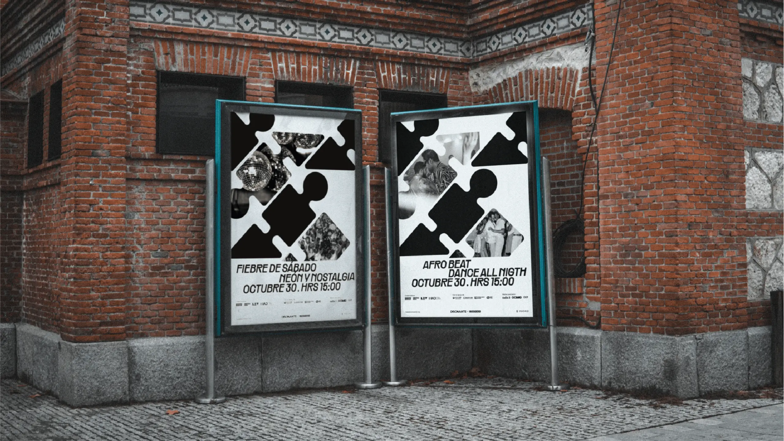 Piezas gráficas de cartelería de Disonante en formato real